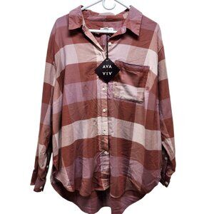 Ava & Viv Size XXL Pink Brown Womens Plaid Button-Down long Sleeve Shirt